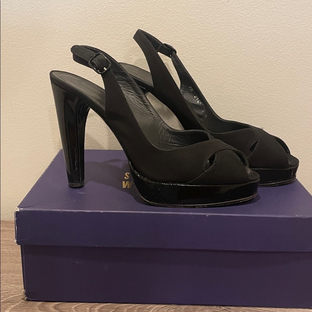 Stuart Weitzman 🖤 "Exsling" Black Crepe Heels -Size 8